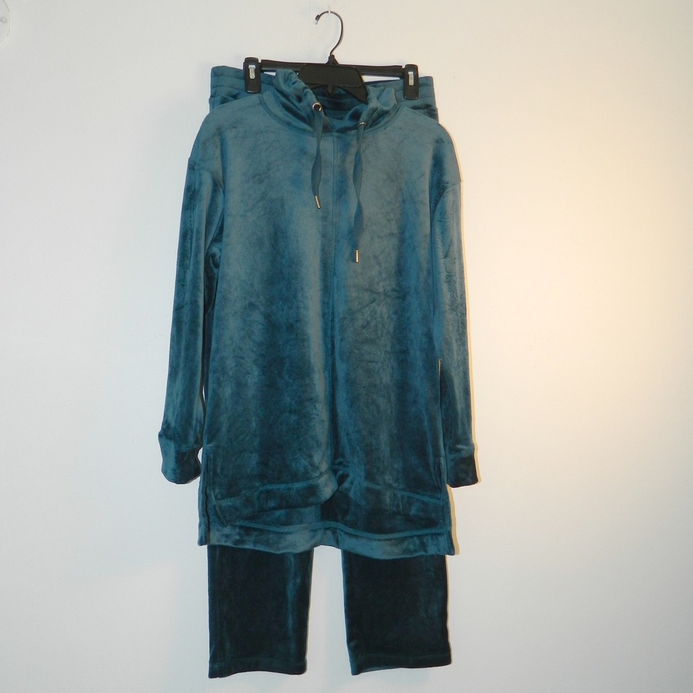 Magaschoni Velour Hoodie & Pants Set Women Large Teal Longline Tunic Loungewear